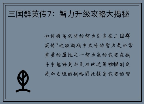 三国群英传7:智力升级攻略大揭秘